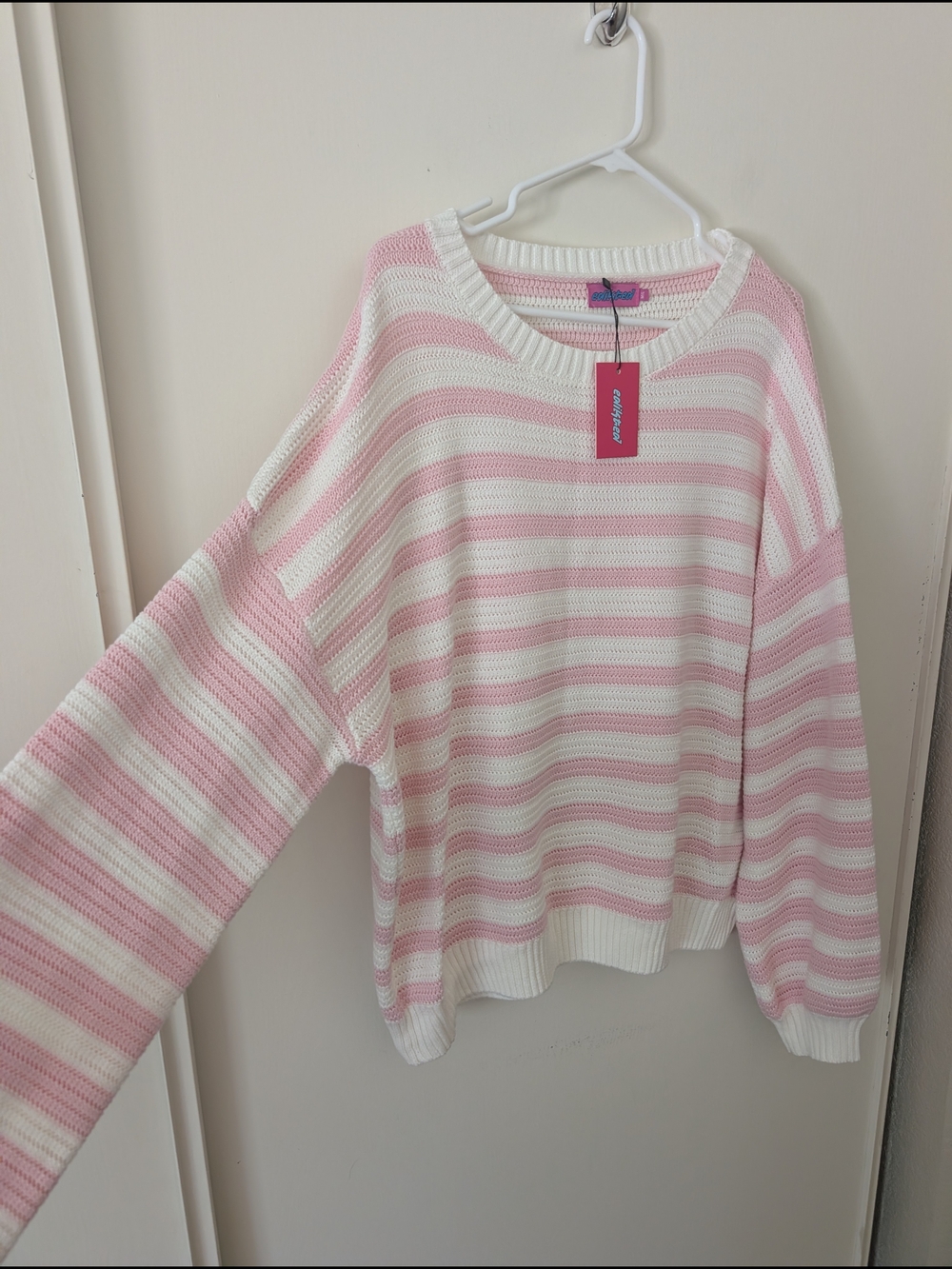 Edikted Womens M/L Aerin Oversized Sweater NWT 100% Cotton Pink White Striped - Picture 4 of 8